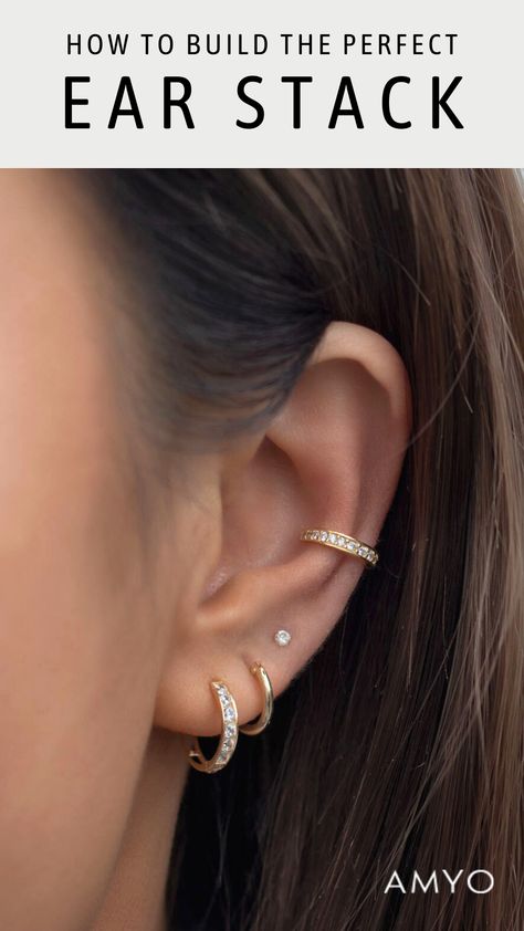 Tips on how to build the perfect minimal ear stack. Affordable Huggie Hoop Earrings, Stud Earrings, and Ear Cuffs in 14K Gold, 14K Rose Gold, 14K White Gold, Gold Vermeil, Sterling Silver, Rose Gold Vermeil. Hypoallergenic, Free U.S. Shipping! #earstack #huggieearrings #studearrings #earcuffs Ušný Piercing, Bijoux Piercing Septum, Piercing Face, Minimalist Ear Piercings, Ear Peircings, Ear Piercings Chart, Double Ear Piercings, Ear Piercing Studs, Cool Ear Piercings