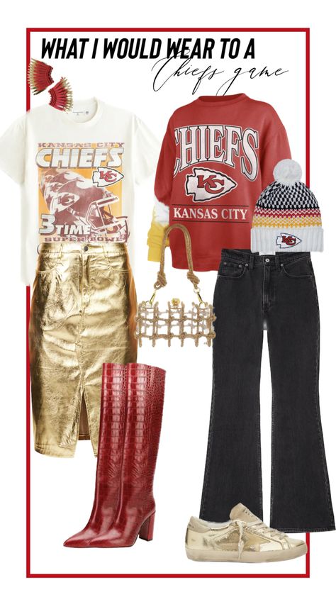 Chiefs Super Bowl Outfit, Chiefs Tailgate Outfit, Chiefs Football Game Outfit, Super Bowl Outfits For Women Chiefs, Kansas City Outfits, Kansas City Outfit Women, Kansas City Chiefs Outfit Ideas, Chiefs Game Day Outfit Winter, Football Stadium Outfit