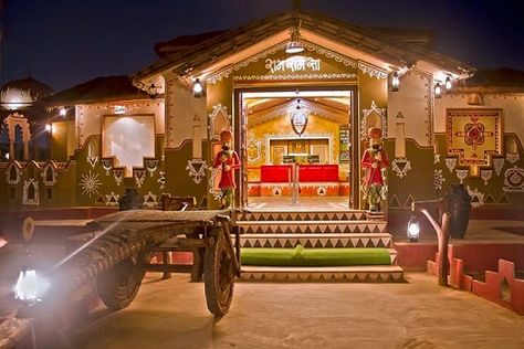 Indian Dhaba, Rajasthani Village, Party Planning Food, Restaurant Design Rustic, Theme Hotel, Spanish Home Decor, Front Wall Design, Restaurant Themes, Mud House