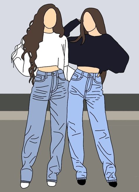 Besties Besties Drawing Best Friends, Twins Illustration, Tomboy Drawing, Sisters Drawing, Friends Sketch, Digital Portrait Illustration, Best Friend Drawings, Fashion Design Books, Best Friends Cartoon