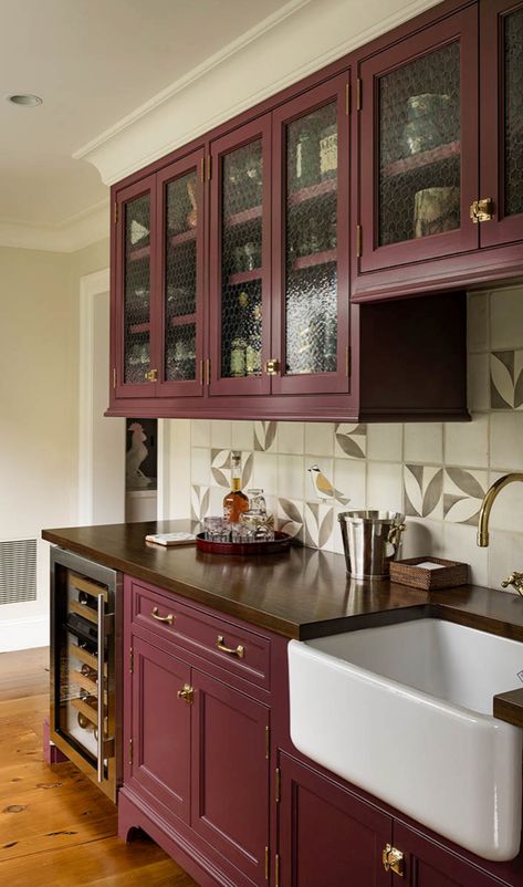 A classic Hudson Valley farmhouse gets an absolutely beautiful makeover Plum Kitchen Cabinets, Mauve Kitchen Cabinets, Burgundy Kitchen Cabinets, Decorating Kitchen Island, Island Ideas Kitchen, Laundry Reno, Kitchen Dressers, Wire Cabinet, Red Kitchen Cabinets