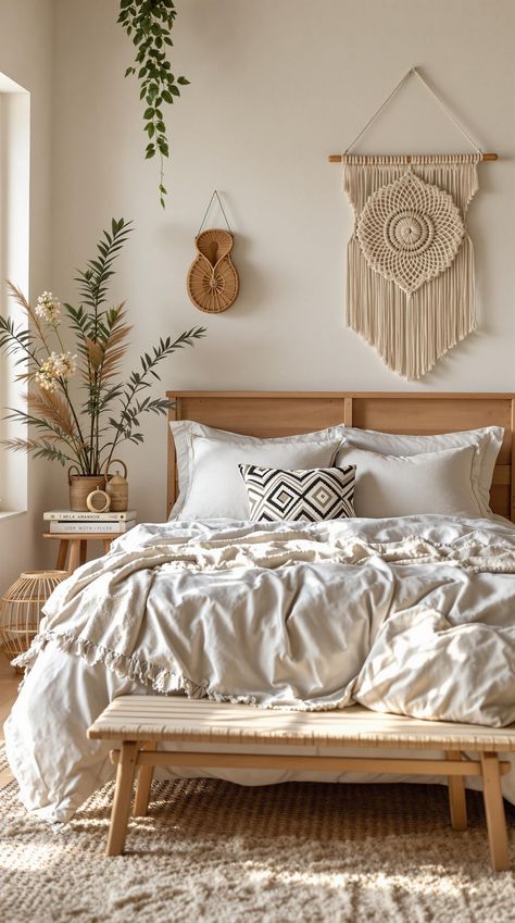 Scandi Boho Decor Boho Interior Design Bedroom, Scandi Boho Living Room, Welcoming Bedroom, Scandi Boho Interior, Scandi Kids Room, Nordic Dining Room, Boho Entryway, Scandi Bedroom, Boho Decor Ideas