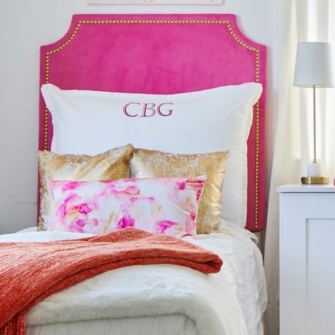 Headboard Pillows, Dorm Room Headboards, Sorority Room, Dorm Headboard, Pink Dorm Rooms, Preppy Dorm Room, Pink Headboard, Dorm Bed, Dorm Room Styles