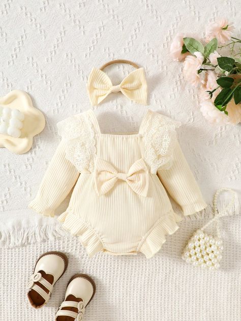 2pcs/Set Baby Girls Lovely Lace Bow Romper & Headband, Autumn/Winter Set Apricot     Plain  Slight Stretch  Baby Girls Clothing, size features are:Bust: ,Length: ,Sleeve Length: Cute Baby Clothes Newborn, Newborn Baby Girl Clothes, Luxury Baby Clothes, Mesh Romper, Winter Set, Lace Bows, Baby Outfits