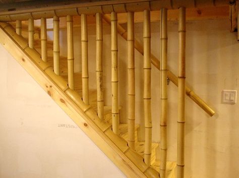 Bamboo Railing Ideas, Bamboo Stairs Ideas, Bamboo Railing, Bamboo Stairs, Bamboo Cladding, Bamboo Pictures, Diy Projects Using Pvc Pipe, Stair Banister, Attic Bedroom Designs