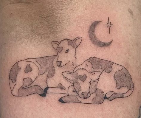 Bull Calf Tattoo, Cow Family Tattoo, Cow Moon Tattoo, Cow With Wings Tattoo, Fluffy Cow Tattoo, Tattoo Ideas Cow, Cuddle Tattoo, Matching Cow Tattoos, Tiny Cow Tattoo