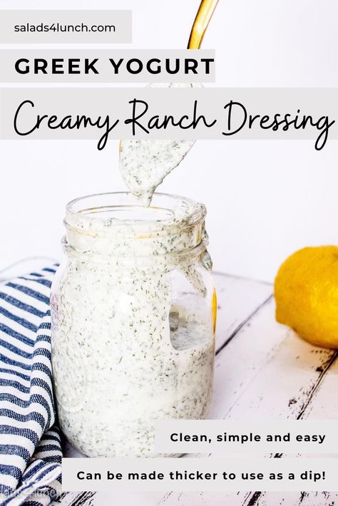 Homemade Healthy Greek Yogurt Ranch Dressing recipe. A DIY, Clean, simple and easy recipe using pantry staples. Can be made thicker to use as a dip. Tastes amazing- use for low carb, skinny or weight watchers to top a salad. You'll never miss the bottle! #greekyogurt #ranchdressing #healthydressing Yogurt Ranch Dressing Recipe, Greek Yogurt Ranch Dressing, Healthy Dressing Recipes, Yogurt Ranch Dressing, Yogurt Ranch, Greek Yogurt Ranch, Greek Yogurt Dressing, Salad Dressing Recipes Healthy, Healthy Greek Yogurt