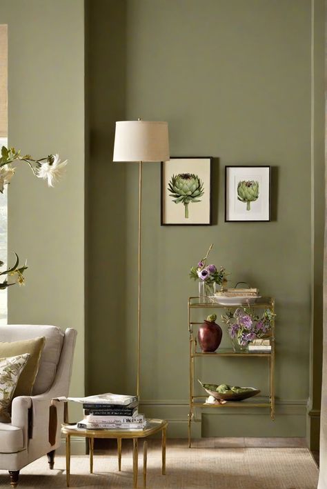 interior design services, home decorating ideas, living room paint colors, wall decor ideas Sw Artichoke, Color For Living Room Walls, Green Pallet, Color For Living Room, Paint Guide, Gray And White Bathroom, Mindful Gray, Room Walls, White Doves