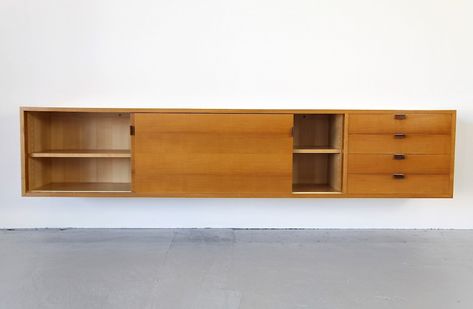 Wall Mounted Credenza, Wall Mounted Sideboard, Floating Tv Stand, Floating Tv, Leather Pulls, The 1950s, Tv Stand, Credenza, Sideboard