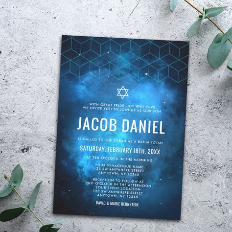 Mitzvah Invitations, Bar Mitzvah Invitations, Bat Mitzvah Invitations, Space Galaxy, Blue Space, Custom Bar, Galaxy Design, Torah, Envelope Liners