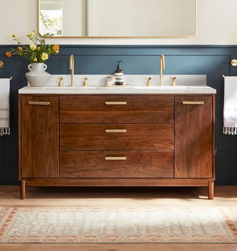 Bathroom Sinks & Vanities | Rejuvenation Rejuvenation Hardware Bathroom, Slim Double Sink Vanity, Pottery Barn Vanity, Decor Bathroom Ideas, Future Bathroom, Teak Vanity, Home Decor Bathroom, Wall Mount Faucet, Double Vanity Bathroom