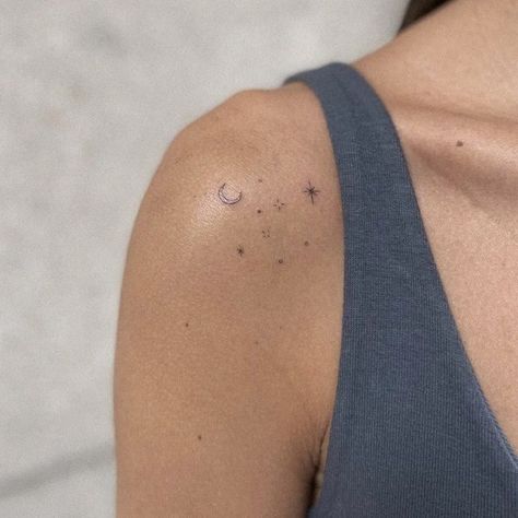 Tattoo, moon tattoo, star tattoo, galaxy tattoo, little tattoo Women Galaxy Tattoo, Stars Planets Tattoo, Delicate Moon And Stars Tattoo, Stars Tatoos Woman, Universe Fine Line Tattoo, Mini Galaxy Tattoo, Small Galaxy Tattoo Simple, Minimalist Celestial Tattoo Ideas, Moon And North Star Tattoo