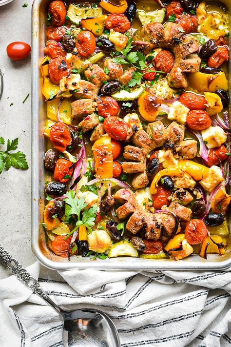 Greek Sausage, Italian Style Chicken, Sausage Sheet Pan Dinner, Sausage Sheet Pan, Feta And Olives, Chicken Sausage Recipes, Mediterranean Diet Recipes Dinners, Sausage Dinner, Greek Dinners