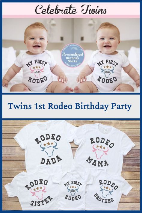 🤠 Saddle up for a wild birthday celebration with matching family Rodeo Shirts for Twins! Celebrate your Twins 1st birthday in style with matching My 1st Rodeo tees in pink or blue. Personalize your shirts with the Birthday Girl's/Boy's name for an added special touch. Twins First Rodeo Birthday, Our First Rodeo Twin Birthday, 1st Birthday Party Theme Ideas, My First Rodeo Birthday, Twins Birthday Party, First Rodeo Birthday, Rodeo Birthday Parties, 1st Rodeo, Birthday Party Shirts