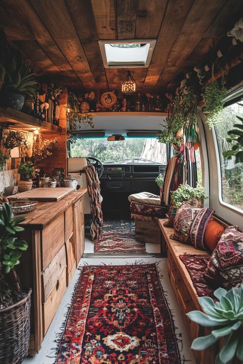 15+ Boho-Luxe Camper Van Interiors: Gypsy Living with a Touch of Glamour Bohemian Van Interior, Bohemian Camper Decor, Vintage Camper Van, Boho Van Life, Cozy Camper Interior, Boho Rv, Boho Caravan Interior, Campervan Interior Boho, Van Living Aesthetic