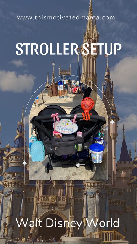 The perfect Disney stroller setup complete with all the links. Decorating Stroller For Disney, Stroller Organization For Disney, Disney Stroller Organization, Stroller Decoration For Disney, Stroller Identifier For Disney, Disney Stroller Hacks, Disney Stroller Decoration, Disney World Stroller, Stroller Hacks