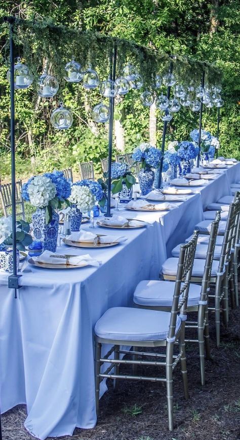 Toile Theme Party, Hamptons Theme Party, Blue Dinner Party, Tea Party Blue, Blue Table Decorations, Hamptons Party, Blue Table Settings, Blue And White Living Room, Dinner Table Setting