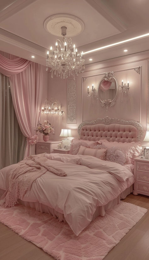 Feminine Elegant Pink Bedroom with Chandeliers and sconces and flowers. Adore the tufted headboard and monocormatic pale pink palette Girly Pink Bedroom, Bedroom 2024, Ideal Bedroom, Aquarius Art, Dream Bedroom Inspiration, Feminine Bedroom, Luxury Room Bedroom, Pink Bedroom Decor, Pink Room Decor