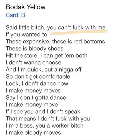 bodak yellow 🙌🏻 Yellow Lyrics, Cardi B Quotes, Cardi B Lyrics, Bodak Yellow, Cardi B, Singers, Favorite Things, Christian Louboutin, The Creator