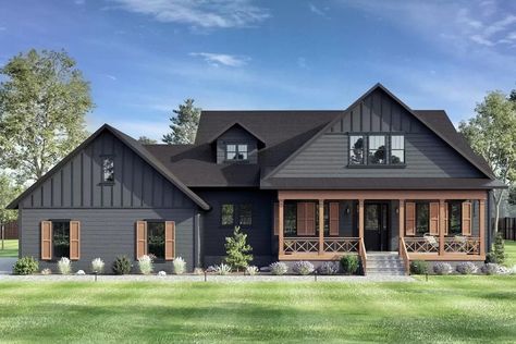 What do you think of this new plan?⁠ ⁠ Here's a peek at Modern Farmhouse Plan #520019RKY - this one has 2 master suites!⁠ ⁠ 🤍3,406SqFt⁠ 🤍3 Beds⁠ 🤍3 Baths⁠ 🤍2 Car Garage⁠ ⁠ ⁠ Link in bio to see more! Single Level Farmhouse Plans Open Floor, 2500 Sq Ft Ranch House Plans, Modular Homes Farmhouse, L Shaped House Plans, Hygge House, L Shaped House, House Plan With Loft, Vermont House, Duplex Plans