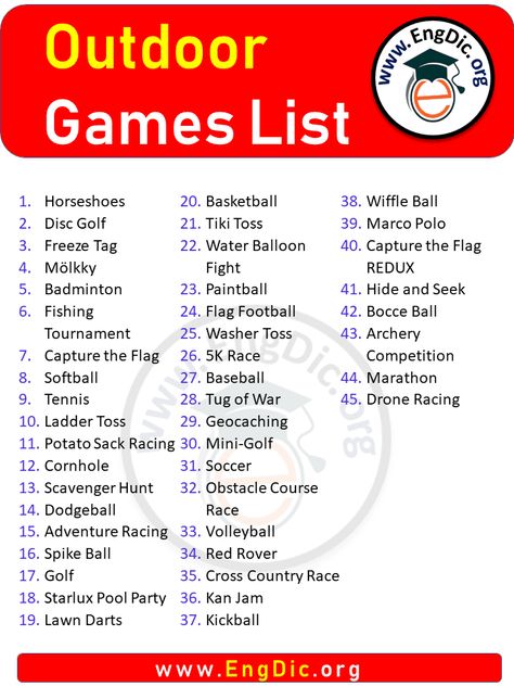 Outdoor Games List in English Playing games is a great way to have fun and spend time with family and friends. There are many different types of games, but one of the most popular types is outdoor games. Outdoor games are games that are played outside, and they can be enjoyed by people of all ages. Some of the most popular outdoor games include tag, hide-and-seek, and duck-duck-goose. Here is the list of Outdoor games names: You may Like to Read: 10 Most Common Outdoor Names Outdoor Games Names Games To Play With Friends Outdoor, Games To Play At A Picnic With Friends, Games Name Ideas, Games To Play At A Picnic, Picnic Ideas For Friends Games, Fun Games To Play Outside With Friends, Picnic Game Ideas For Friends, Fun Games To Play Outside With 2 People, Things To Play Outside