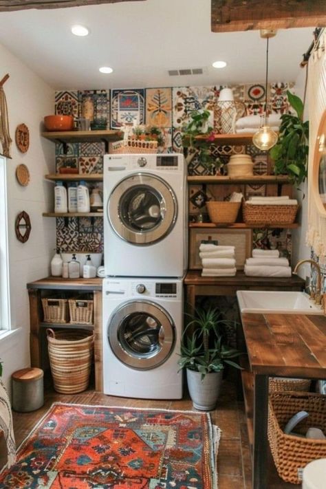 Vintage Eclectic Laundry Room, Boho Utility Room, Whimsical Home Decor Bohemian Style, Tiny Home Boho Decor, Boho Whimsical Decor, Boho House Decor Ideas, Bohemian Cottage Decor, Tiny Home Laundry Room, Whimsigoth Laundry Room