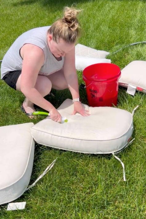 Forget to take your outdoor cushions inside this winter? I'm sharing my best tips for how to clean outdoor cushions. Read more here. Clean Outdoor Cushions, Clean Outdoor Furniture, Fill Your Bucket, Dawn Dish Soap, Patio Furniture Covers, Outdoor Furniture Cushions, Patio Cushions, Spray Pattern, Diy Cleaning Products