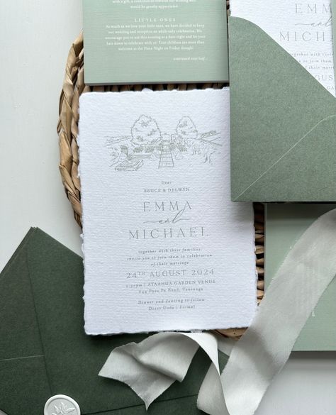 Contemporary yet Classic 🌿⁠ ⁠ Swooning over this layered combo of handmade, deckled edge paper & textured card for E&M. These green and white tones are absolutely perfect for their wedding venue @ataahua_gardenvenue in Tauranga - it was such a delight to sketch the private, pebbled courtyard and manicured gardens.⁠ ⁠ This design is from the DAPH Semi Custom range, and the beautiful handmade paper and silk ribbon from @feathersandstone⁠ ⁠ G x⁠ Deckled Edge Paper, Green Paper, January 2024, Elegant Wedding Dress, Wedding Stationary, Wedding Invites, Wedding Paper, Green Wedding, Silk Ribbon