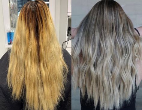 Get the details for this blended blonde before and after hair transformation using Pulp Riot color. Bleached Ends, Blended Blonde, Blonde Transformation, Before And After Hair, Color Correction Hair, Blonde Ends, Hair Mask Recipe, Orange Highlights, Blonde Roots