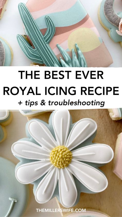 The Complete Guide to Royal Icing. Want to master royal icing? Check out our complete icing cookies guide, including cookie decorating tips, the best royal icing recipe, and making royal icing flowers. Learn how to decorate sugar cookies with royal icing! decorated cookies royal icing. Best Royal Icing, Chloe Flower, Sugar Cookie Recipe With Royal Icing, Easy Royal Icing, Sugar Cookie Recipe For Decorating, Best Royal Icing Recipe, Roll Out Sugar Cookies, Easy Royal Icing Recipe, Perfect Sugar Cookies