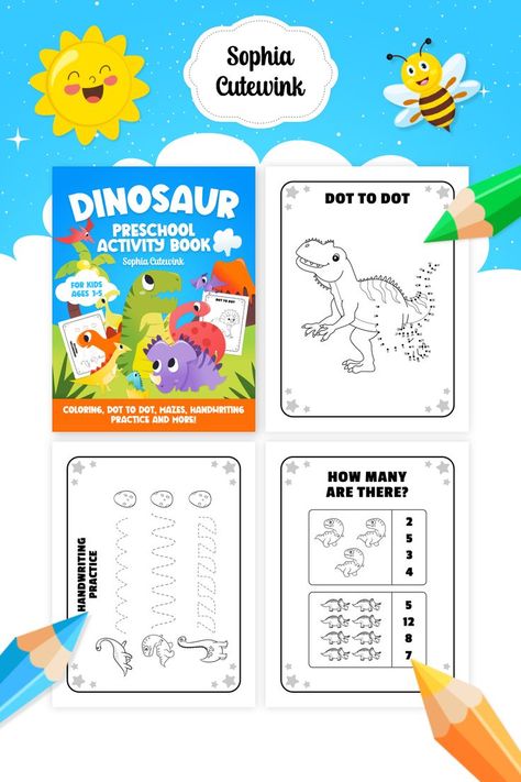 Dinosaur Preschool Activity Book for Kids Ages 3-5: 40 Activity Pages - Coloring, Dot to Dot, Mazes, Handwriting Practice and More! by Sophia Cutewink Dinosaur Preschool, Dinosaur Activities Preschool, Amazon Coloring Books, Preschool Activity Books, Dinosaurs Preschool, Book Cover Page, Dot To Dot, Activity Pages, Kids Activity Books