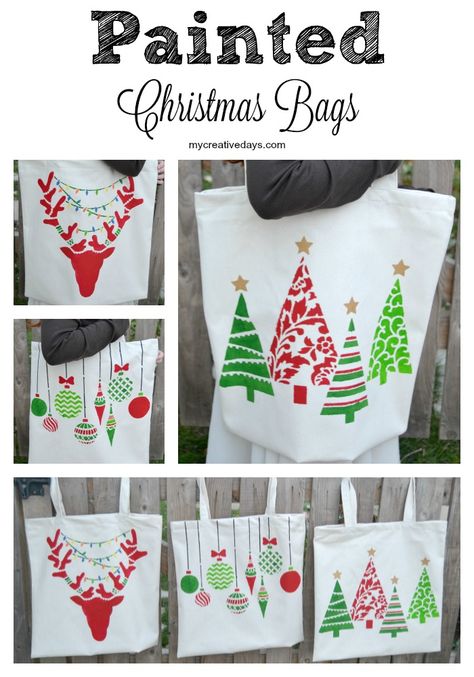 Painted Christmas Bags & My Barn Wood Reindeer from MyCreativeDays.com Wood Reindeer, Budget Decorating, Home Budget, Christmas Tote, Easy Christmas Crafts, Christmas Mantels, Christmas Pins, Stencil Crafts, Christmas Gift Bags