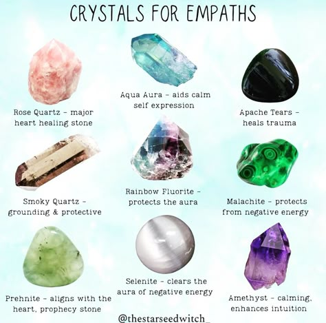 Empath Crystals, Crystals For Empaths, Crystal Meanings Charts, Energy Stones Crystal Healing, Gemstones Chart, Crystal Healing Chart, Grimoire Book, Magic Herbs, Crystal Guide