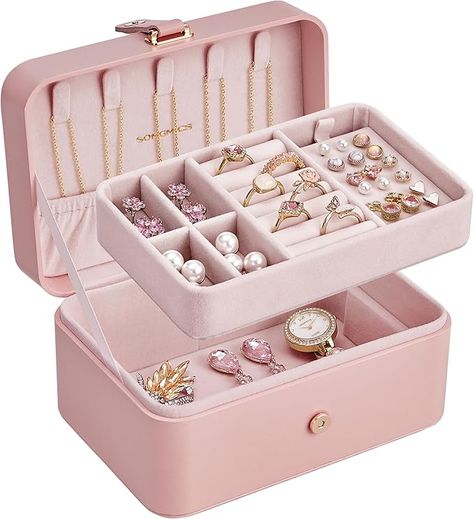 [Compact and Portable] Our 4.6 x 6.3 x 3 inches jewelry case easily fits in your bag or suitcase, allowing you to bring your favorite pieces on the go. Perfect for travel or business trips. Pack and carry with ease! [Categorized Storage Solution] Featuring a lid with 5 necklace hooks, a removable top jewelry tray for stud earrings and rings, and a bottom compartment for bracelets and larger accessories, this versatile jewelry box meets all your storage needs Pink Organizer, Lock Jewelry, Travel Jewelry Organizer, Jewelry Organizer Storage, Earring Storage, Ring Storage, Leather Jewelry Box, Travel Jewelry Box, Jewelry Organizer Box