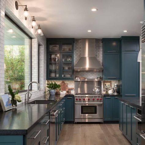 Dark Teal Kitchen Cabinets, Dark Teal Kitchen, Cabinets With Black Granite Countertops, Cabinets With Black Granite, Kitchen Black Counter, Teal Kitchen Cabinets, Teal Cabinets, Color Cabinets, Brown Granite Countertops