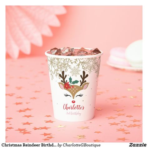 Christmas Reindeer Birthday Gold Snowflakes Paper Cups Reindeer Birthday Party, Christmas 1st Birthday, Snowflakes Paper, Winter Onederland Party, Winter Deer, Birthday Party Cups, Unicorn Baby Shower, Christmas Birthday Party, Winter Woodland