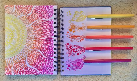 New sunset zentangle with Papermate Flair pens Flair Pen Art, Sunset Zentangle, Papermate Flair Pens, Doodle Journal, Easy Drawing Ideas, Flair Pens, Pen Doodles, Arts And Crafts For Adults, Desserts Easy