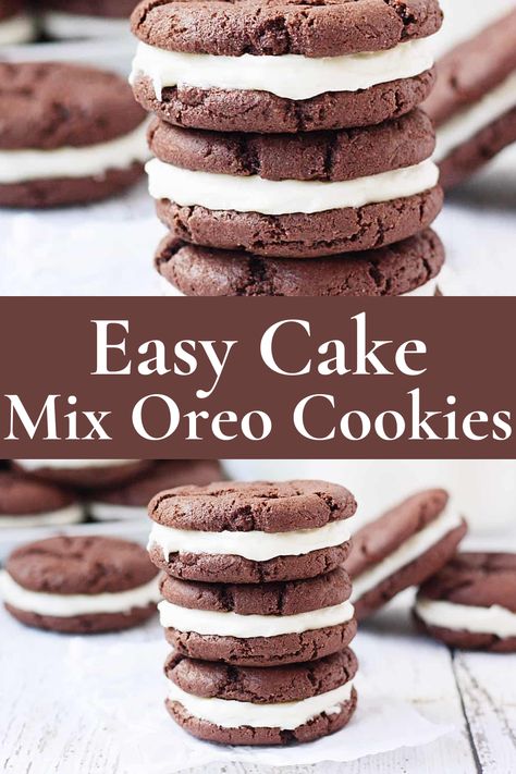 Easy Devil's Food Cake Mix Oreo Cookies 🍪🍫 Discover the joy of homemade Oreo cookies with a twist.   These cookies are made using Devil's food cake mix for an extra fudgy experience and filled with a creamy, easy-to-whip-up cream cheese frosting.   Ingredients like eggs, canola oil, and confectioner's sugar combine to create a soft, chewy treat that's a delicious alternative to store-bought cookies. Perfect for sharing or indulging on your own!   #CakeMixCookies #EasyDesserts #HomemadeOreos Devils Food Cake Oreo Cookies, Homemade Oreo Cookies Devils Food Cake, Devil Food Cake Cookies, Homemade Oreos Devils Food Cake, Devils Food Cake Mix Cookies Recipes, Oreo Cake Cookies, Cake Cookies With Cool Whip, Oreo Cakesters Recipe, Devils Food Cake Cookies