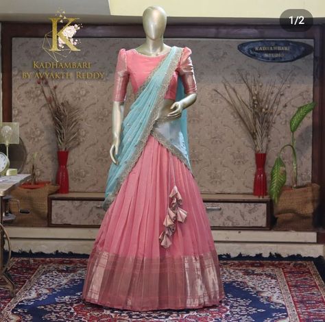 Simple Silk Lehenga, Half Saree Lehenga New Model, New Model Pattu Half Sarees, Simple Lehenga Outfits, Pattu Langa Designs For Women, Chiffon Half Saree, Lehanga Designs With Saree, Pink And Blue Half Saree, Pastel Color Half Saree