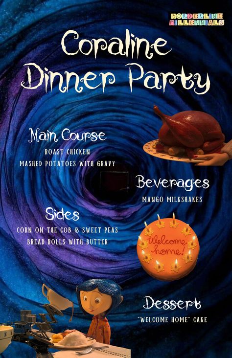 Come Dine With Me Ideas, Diy Birthday Dinner, Tim Burton Movie Night Snacks, Casper Food Ideas, Coraline Food Recipes, Food From Coraline, Themed Movie Night Ideas Adults, Halloween Dinner Movie Night, Movie Foods