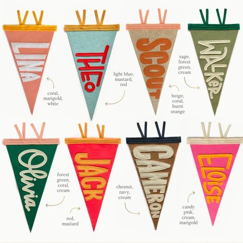 8 of our favorite pennant color combos ✨ Zoom on in for the color names. Which is your fave out of these 8?? I'm going with... bottom left! Forest, coral, cream 👏 School Pennant Diy, Cute Bedroom Crafts, Pendant Flags Diy, Felt Pennants Diy, Name Pendant Flag, Felt Name Flag, Diy Name Pennant, Name Pennant Flag, Colorful Bedroom Decor Ideas