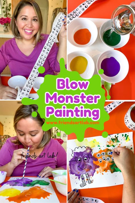 Get creative with Monster Blow Painting – a spooktacular Halloween process art project for little ones! Kids will love blowing paint into wacky shapes to create their own colorful monsters. Blow Paint Monsters Art, Blow Paint Monsters, Monster Blow Painting, Process Art Halloween, Blow Art Painting, Halloween Projects Preschool, Halloween Process Art, Halloween Sensory Table, Halloween Sensory Activities