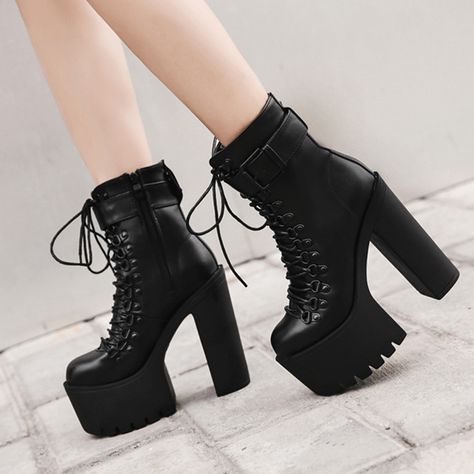 Material:PU|Embellishment:Cross Strap,Platform,Buckle Party Shoes Heels, Heeled Lace Up Boots, Women's Motorcycle Boots, Womens Black Booties, Black Platform Boots, Grunge Goth, Platform High Heels, Fashion High Heels, Black High Heels