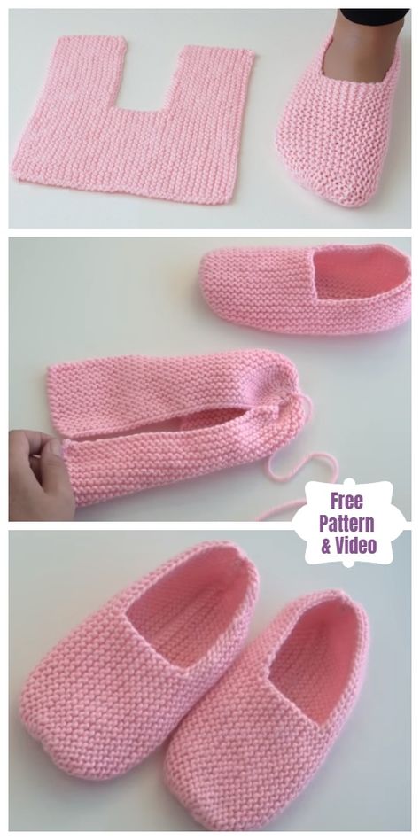 Easy Garter Stitch Slippers Free Knitting Pattern - Video Stitch Slippers, Crocheted Slippers, Knit Slippers Free Pattern, Knitted Slippers Pattern, Side Edges, Knitting Patterns Free Beginner, Crochet Slipper Pattern, Knitting Instructions, Crochet Socks