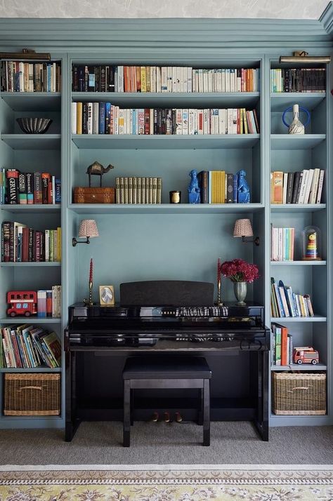 Shelves Around Piano, Piano Nook, Piano Room Decor, Interesting Homes, Edwardian Home, Home Library Rooms, Piano Decor, Selling A House, Snug Room