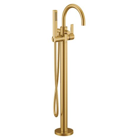 Cia Brushed gold one-handle tub filler includes hand shower -- 615BG -- Moen Moen Cia, Freestanding Bathtub Faucet, Freestanding Tub Filler, Luxurious Showers, Freestanding Tub, Spa Inspiration, Bath Faucet, Bathroom Update, Tub Filler