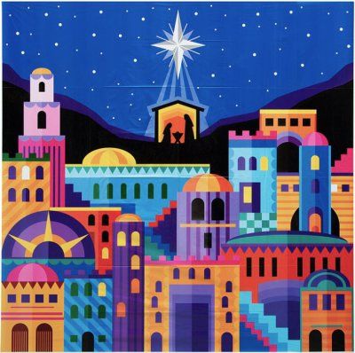 Colorful Nativity Scene, Church Parade Float Ideas, Bethlehem Silhouette, Backdrop Christmas Party, Christmas Needlework, Colorful Town, Christmas Doors, The Nativity Scene, Colorful Backdrop