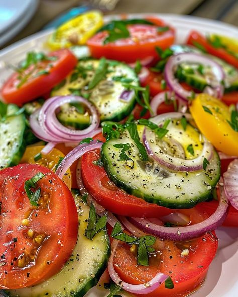 CLASSIC MARINATED CUCUMBER, TOMATO, AND ONION SALAD 🥒🍅🧅 Ingredients: 2 large cucumbers, sliced 1 pint cherry or grape tomatoes, halved 1 small red onion, thinly sliced 1/4 cup white wine vinegar or apple cider vinegar 1/4 cup olive oil 1 tbsp sugar 1 tsp dried oregano 1/2 tsp garlic powder Salt and black pepper to taste 2 tbsp fresh parsley or basil, chopped (optional, for garnish) Directions: Step 1: Prepare the Vegetables In a large bowl, combine the sliced cucumbers... Marinated Cucumbers, Fruit Diet, Classic Salad, Onion Salad, Brussels Sprouts Recipe, Grape Tomatoes, Salad Ingredients, Healthy Salad Recipes, Healthy Meal Prep