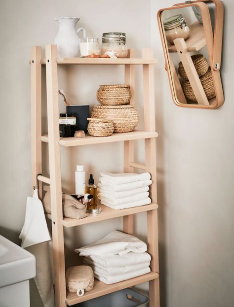 This ladder style shelving is everywhere at the moment! And it's easy to see why, it looks gorgeous, doesn't take up a load of room and makes for perfect bathroom storage. #bathroom #storage #bathroomstorage #laddershelf #realhomes Ikea Bathroom Storage, Clever Bathroom Storage, Diy Bathroom Storage Ideas, Interior Ikea, Montessori Bookshelf, Ikea Desk Hack, Bathroom Closet Organization, Shoe Holder, Closet Organization Ideas