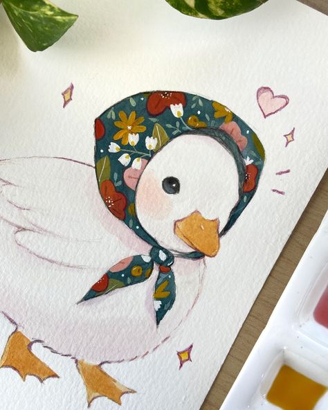 My small duck in a floral scarf 🌸 I’ve been painting some smaller pieces in watercolor lately, and I�’m loving these animals with accessories 🎀 Also, I love ducks <3 Let me know what you think! . Últimamente estoy pintando algunas piezas más chiquitas y me pareció muy linda la idea de pintar animales con accesorios 🎀 Además que me encantan los patitos <3 ¿Qué opinan? #artoftheday #cuteanimals #cuteart #watercolorart #gouache #watercolorillustration #kawaiiart #duck #cuteducks #artofinstagram #... Watercolor Ideas Aesthetic, Cute Duck Drawing, Trash Journal, Watercolor Duck, Anime Watercolor, Disney Watercolor, Duck Painting, Flower On Head, Duck Drawing